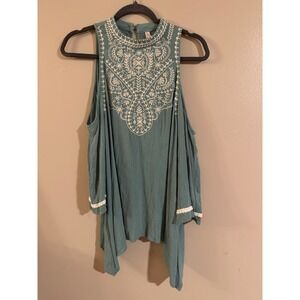 Xhilaration Teal Embroidered Cold Shoulder Mock Neck Tunic Top Size M